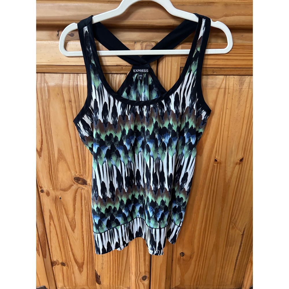 Express Womens Small Abstract Ikat Print Racerback Tank Top Green Blue Black